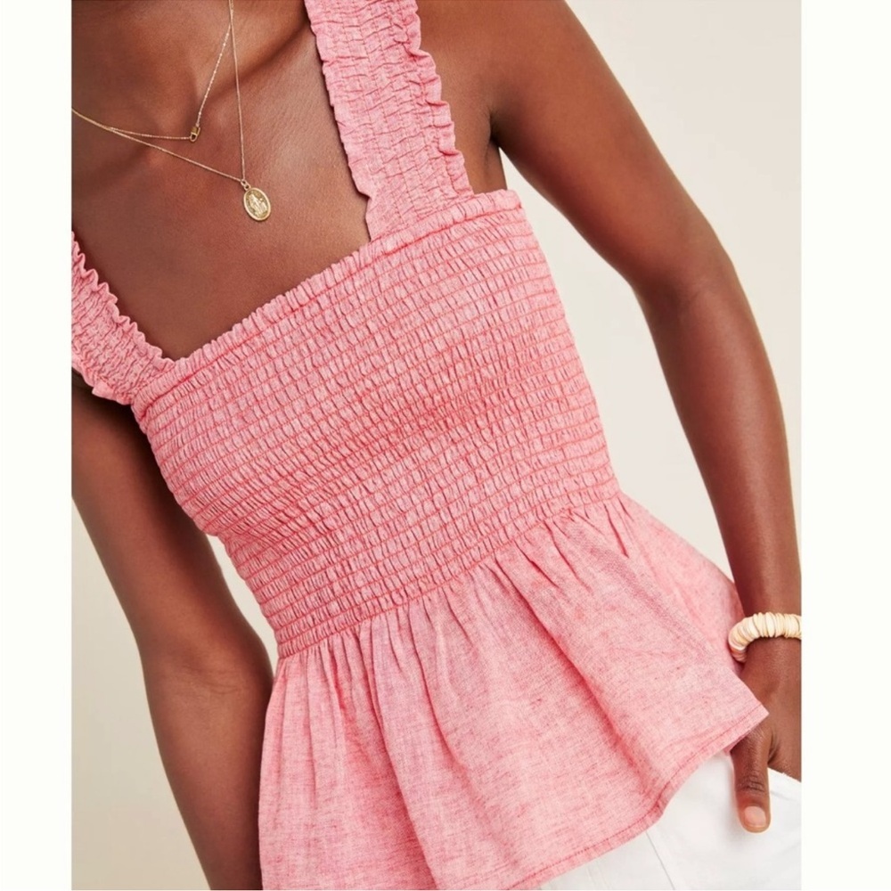 Anthropologie Pink Smocked Peplum Tank Top